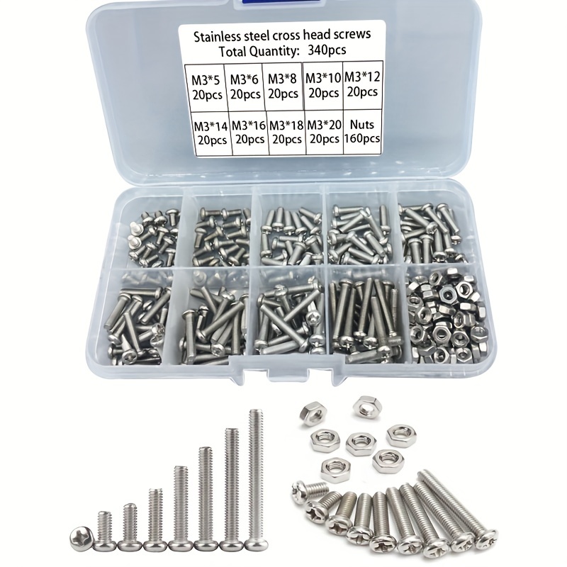 Nuts Mix - 340個入り M3 ステンレス鋼 プラスネジとナットセット、DIY工具ネジとナットキット