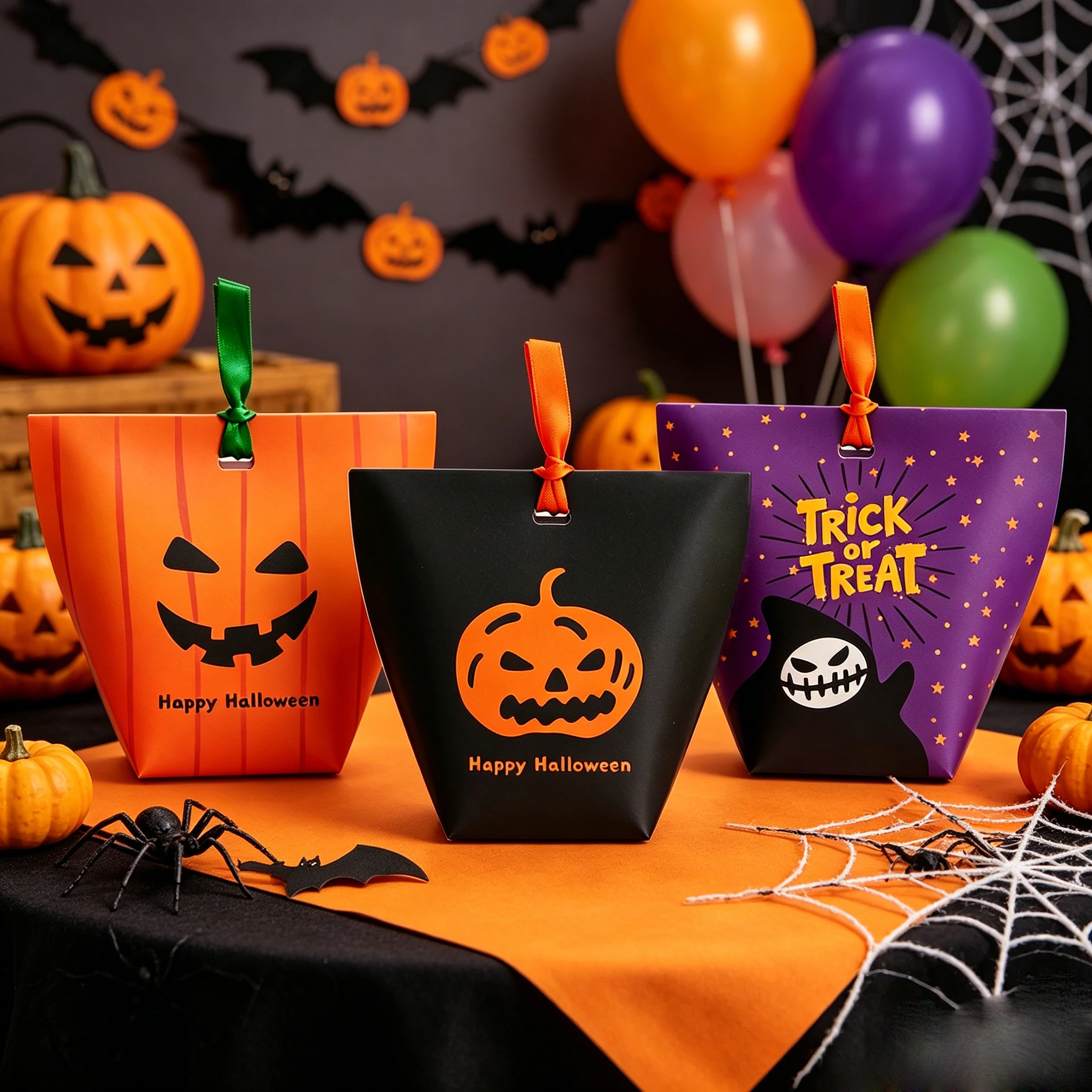Chocolate Snack - 50個入り、リボン付きのハロウィーン用、ユニークなデザインのキャンディボックス。チョコレートやクッキー、お菓子の詰め合わせに最適なギフトボックス。お菓子を配る際に使える。