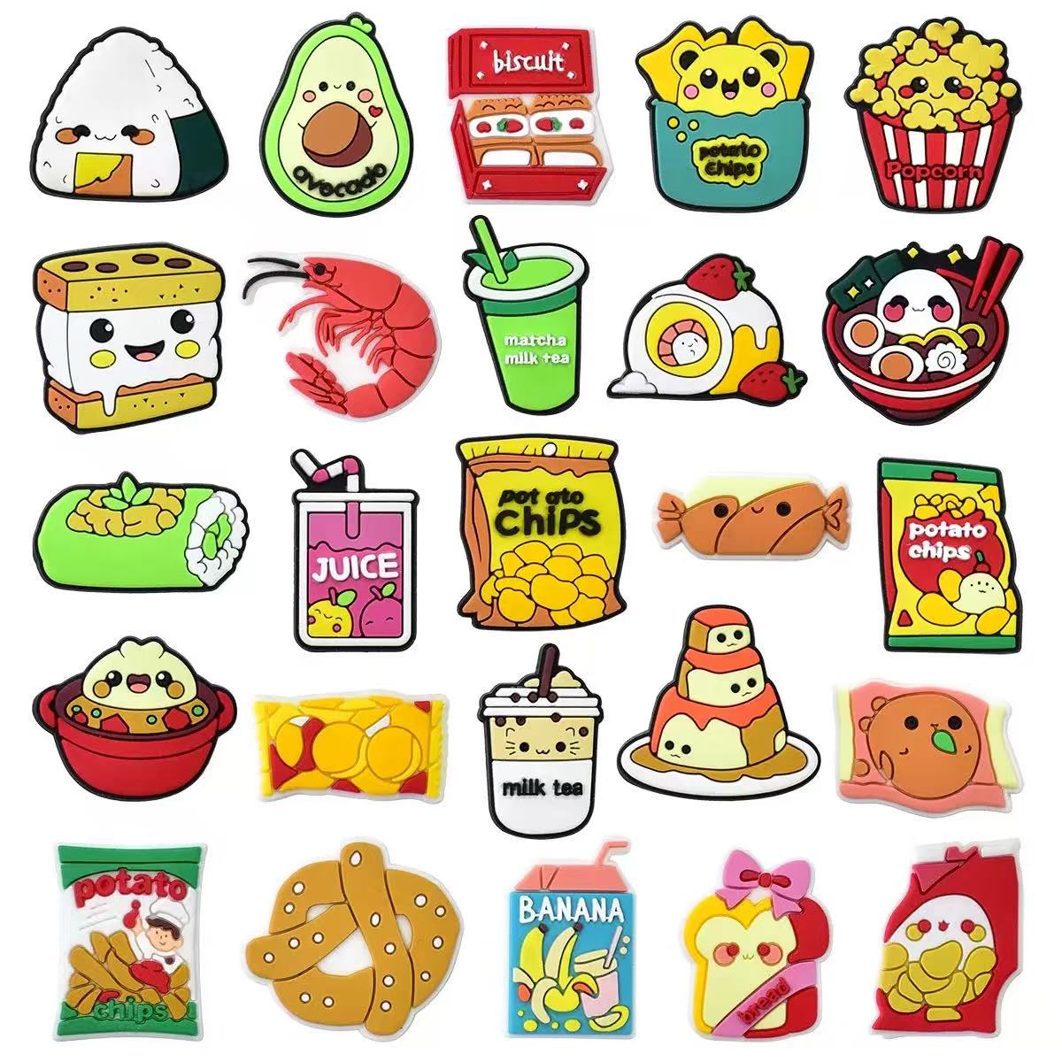 Food Snacks Drinks - 25～100個入り、様々な食品モチーフのシューチャームセット。かわいいドリンクやスナックのデザインのPVC製シューズデコレーション。クロッグやサンダルに取り付け可能な取り外し可能なチャーム。