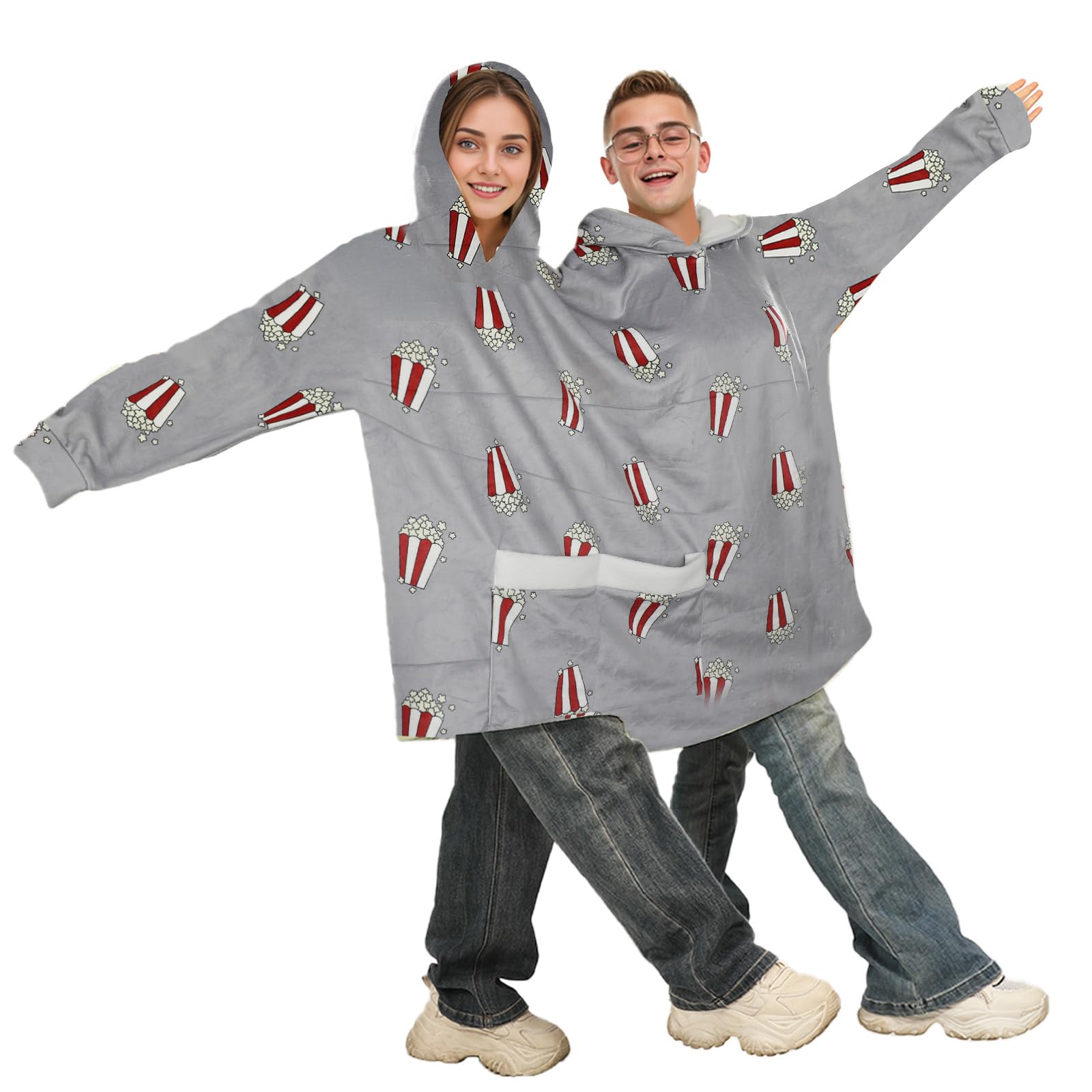 Popcorn - ポップコーンプリントお揃いカップルパジャマパーカー面白いカップルワンピース二人用フランネルブランケット服大人の彼氏と彼女用