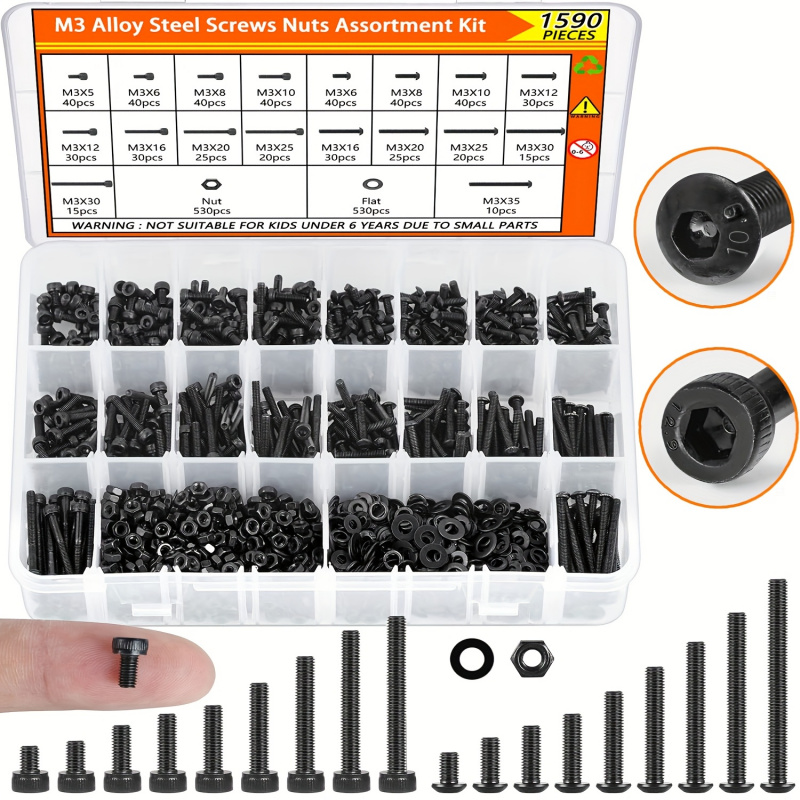 1590PCS M3 ネジ詰め合わせキット - 12.9/1 - Nuts Mix のレビューと価格